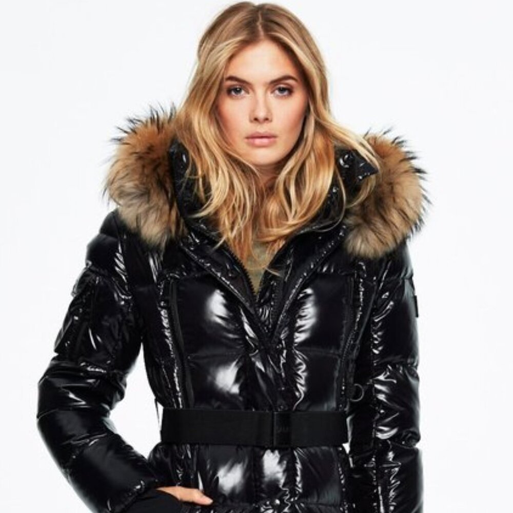 Sam.Infinity Down Couture Jacket, Jet Black Gloss, Real Fur Trim Hood, Size S